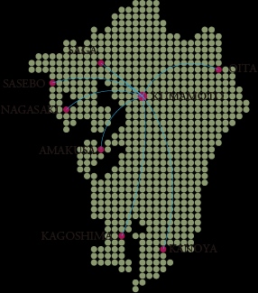 熊本を中心に佐賀営業所、佐世保営業所、長崎営業所、天草営業所、鹿児島営業所、鹿屋倉庫、大分営業所を表した地図